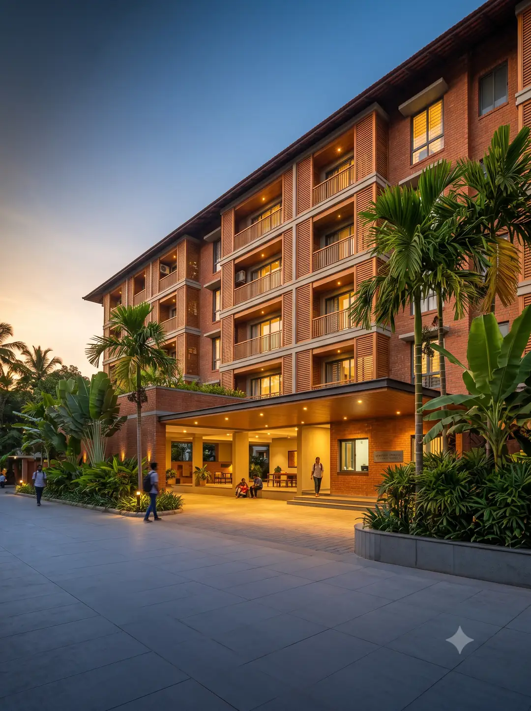 Modern South Indian hostel building exterior with parking and gate