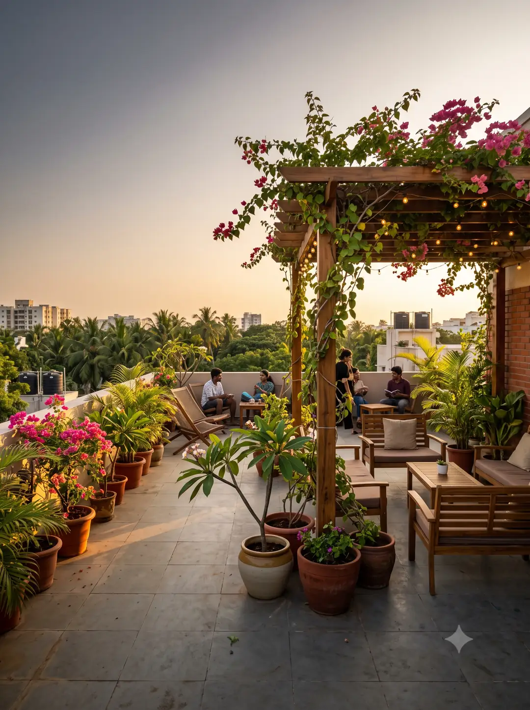 Hostel rooftop terrace garden and dining area