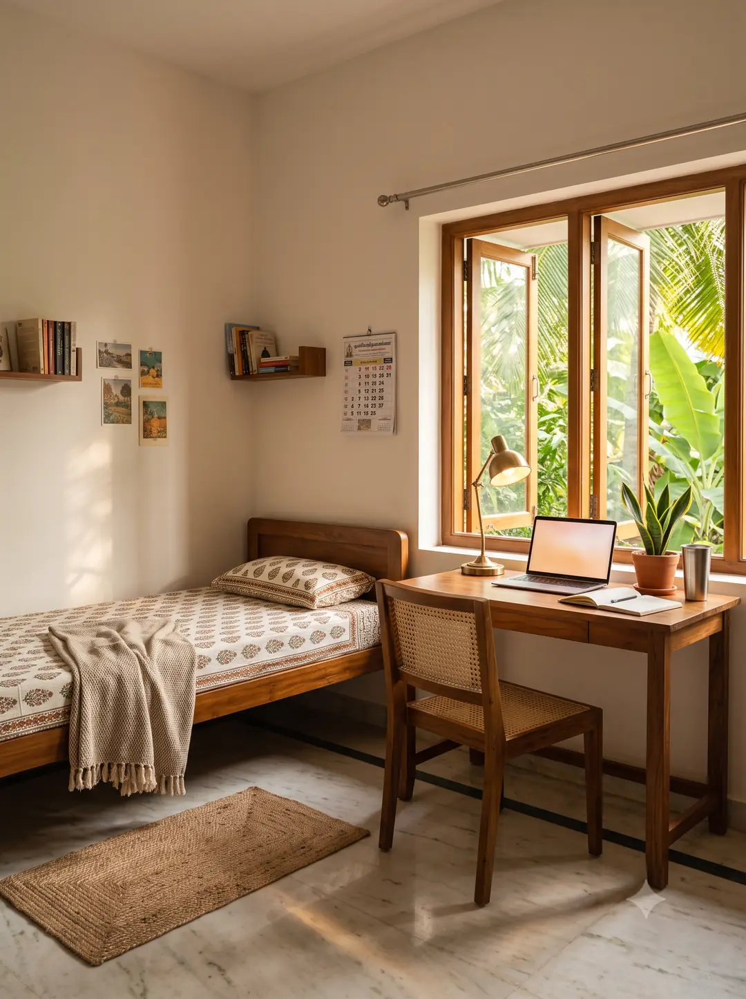 Luxury South Indian PG hostel room with comfortable bed and ambient lighting